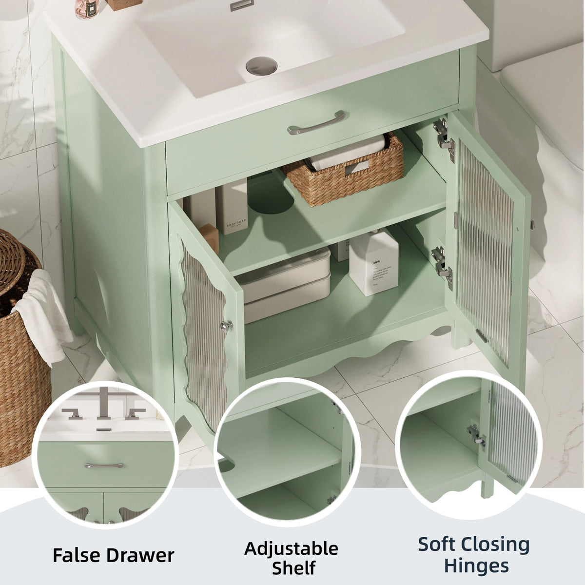 31" Bathroom Vanity with Sink, Modern Bathroom Vanity with Tempered Glass Doors & Deep Ceramic Sink, Soft Close Door, Adjustable Shelf, Curved Design,Green