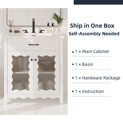 31" Bathroom Vanity with Sink, Modern Bathroom Vanity with Tempered Glass Doors & Deep Ceramic Sink, Soft Close Door, Adjustable Shelf, Curved Design,White