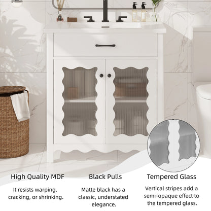 31" Bathroom Vanity with Sink, Modern Bathroom Vanity with Tempered Glass Doors & Deep Ceramic Sink, Soft Close Door, Adjustable Shelf, Curved Design,White