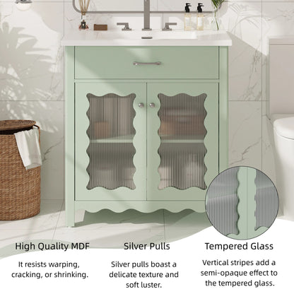 31" Bathroom Vanity with Sink, Modern Bathroom Vanity with Tempered Glass Doors & Deep Ceramic Sink, Soft Close Door, Adjustable Shelf, Curved Design,Green