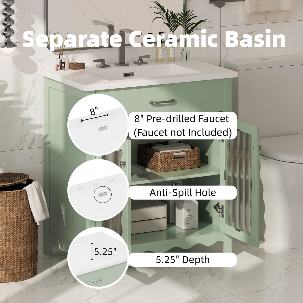 31" Bathroom Vanity with Sink, Modern Bathroom Vanity with Tempered Glass Doors & Deep Ceramic Sink, Soft Close Door, Adjustable Shelf, Curved Design,Green