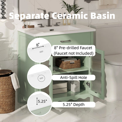 31" Bathroom Vanity with Sink, Modern Bathroom Vanity with Tempered Glass Doors & Deep Ceramic Sink, Soft Close Door, Adjustable Shelf, Curved Design,Green