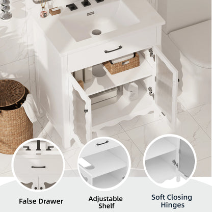 31" Bathroom Vanity with Sink, Modern Bathroom Vanity with Tempered Glass Doors & Deep Ceramic Sink, Soft Close Door, Adjustable Shelf, Curved Design,White