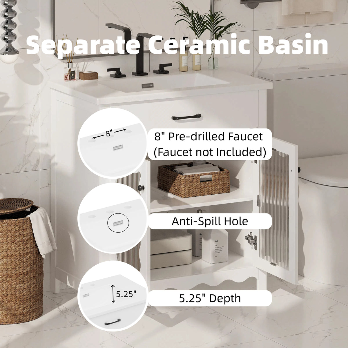 31" Bathroom Vanity with Sink, Modern Bathroom Vanity with Tempered Glass Doors & Deep Ceramic Sink, Soft Close Door, Adjustable Shelf, Curved Design,White