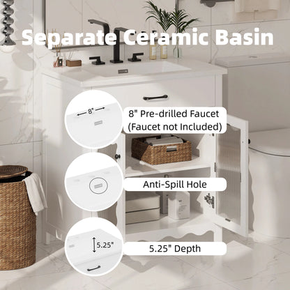 31" Bathroom Vanity with Sink, Modern Bathroom Vanity with Tempered Glass Doors & Deep Ceramic Sink, Soft Close Door, Adjustable Shelf, Curved Design,White