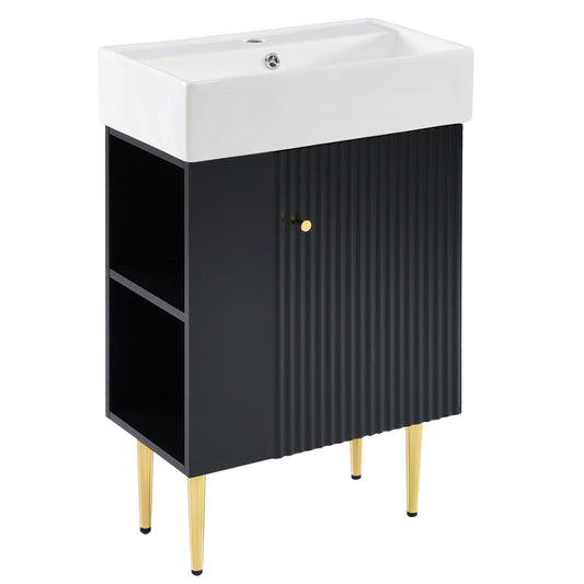 21.6" Bathroom Vanity with Sink, Slim Freestanding Bathroom Vanity Cabinet with Ceramic Sink & Overflow, Gold Metal Legs, Soft Close Door, for Small Bathroom,,Black