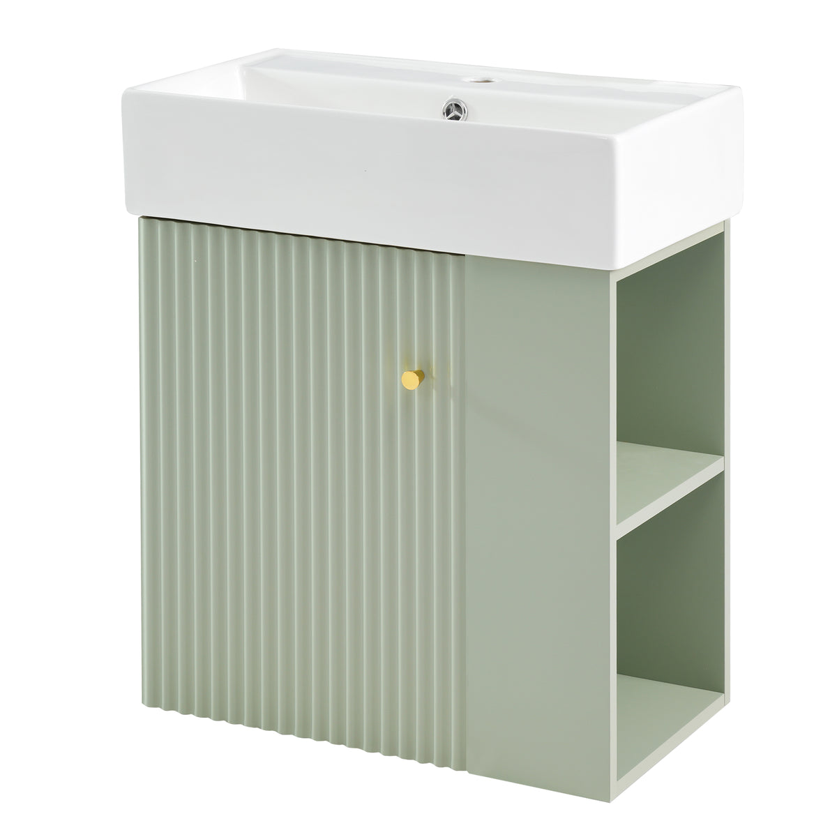 21.6" Floating Bathroom Vanity with Sink, Slim Wall Mounted Bathroom Vanity with Ceramic Basin & Overflow, Wave Pattern Door with Rose Gold Handle, Soft Close Door,Green