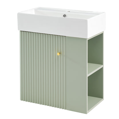 21.6" Floating Bathroom Vanity with Sink, Slim Wall Mounted Bathroom Vanity with Ceramic Basin & Overflow, Wave Pattern Door with Rose Gold Handle, Soft Close Door,Green