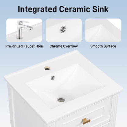 20" Bathroom Vanity with Sink, Small Freestanding Bathroom Vanity Cabinet with Tilt-Out Drawer & Adjustable Shelf, Soft Close Door, Gold Knobs,White