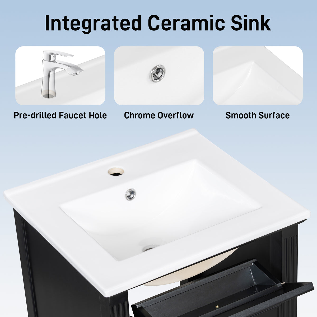 20" Bathroom Vanity with Sink, Small Freestanding Bathroom Vanity Cabinet with Tilt-Out Drawer & Adjustable Shelf, Soft Close Door, Gold Knobs,Black