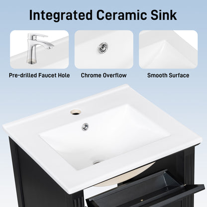 20" Bathroom Vanity with Sink, Small Freestanding Bathroom Vanity Cabinet with Tilt-Out Drawer & Adjustable Shelf, Soft Close Door, Gold Knobs,Black