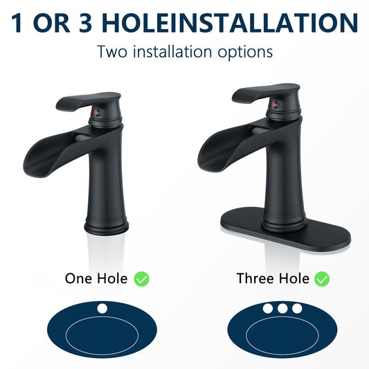 Bathroom Single Hole or Three Hole Waterfall Sink Faucet Matte Black Single Handle With Deck Plate W1932P180739
