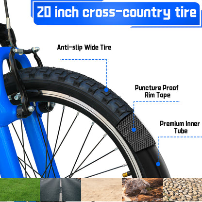 20 Inch Kids Mountain Bike, 7-Speed Drivetrain, Front Suspension, Durable Steel Frame, Bicycle for Boys & Girls Ages 6-10, Blue, 85% Pre-Assembled