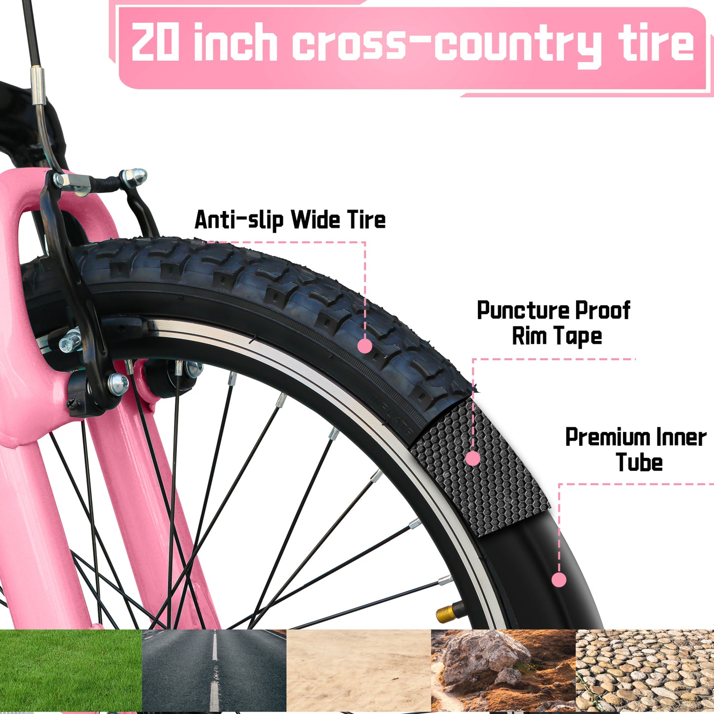 20 Inch Kids Mountain Bike, 7-Speed Drivetrain, Front Suspension, Durable Steel Frame, Bicycle for Boys & Girls Ages 6-10, Pink, 85% Pre-Assembled