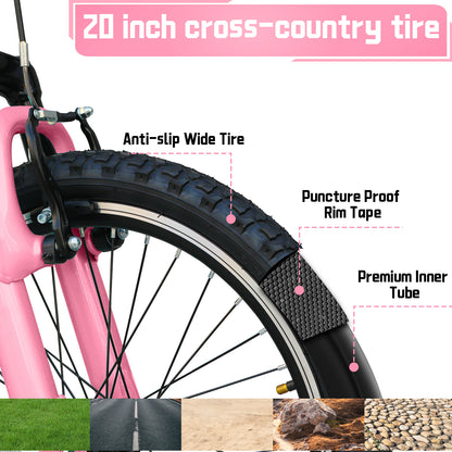 20 Inch Kids Mountain Bike, 7-Speed Drivetrain, Front Suspension, Durable Steel Frame, Bicycle for Boys & Girls Ages 6-10, Pink, 85% Pre-Assembled