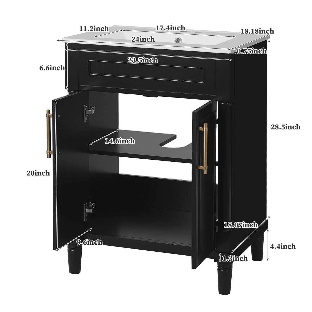 24" Bathroom Vanity with Sink, Modern Bathroom Vanity with Half-Moon Ceramic Sink for 4" Faucet, Adjustable Shelf & Painted Finish, for Small Bathroom,Black