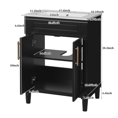 24" Bathroom Vanity with Sink, Modern Bathroom Vanity with Half-Moon Ceramic Sink for 4" Faucet, Adjustable Shelf & Painted Finish, for Small Bathroom,Black