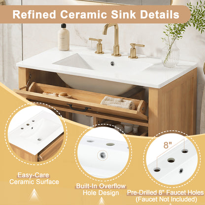 30" Bathroom Vanity with Sink, Bathroom Vanity with Tip-Out Drawer & 3 Drawers, Door Storage Rack, Ceramic Sink, Soft Close Slides, Black Handles,Acacia Wood