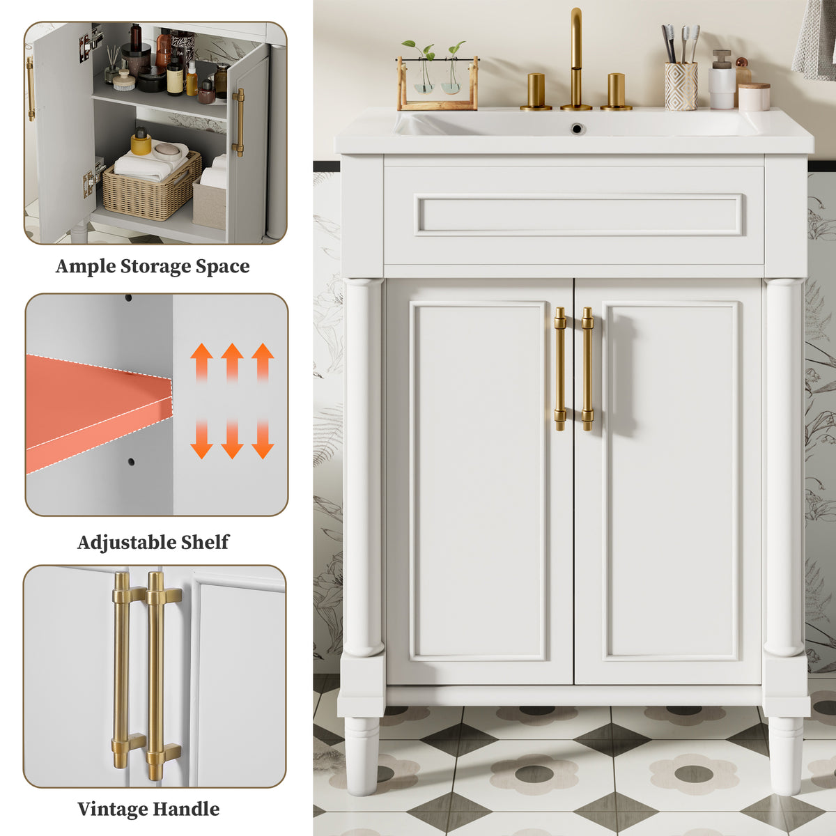 24" Bathroom Vanity with Sink, Modern Bathroom Vanity with Half-Moon Ceramic Sink for 4" Faucet, Adjustable Shelf & Painted Finish, for Small Bathroom,White