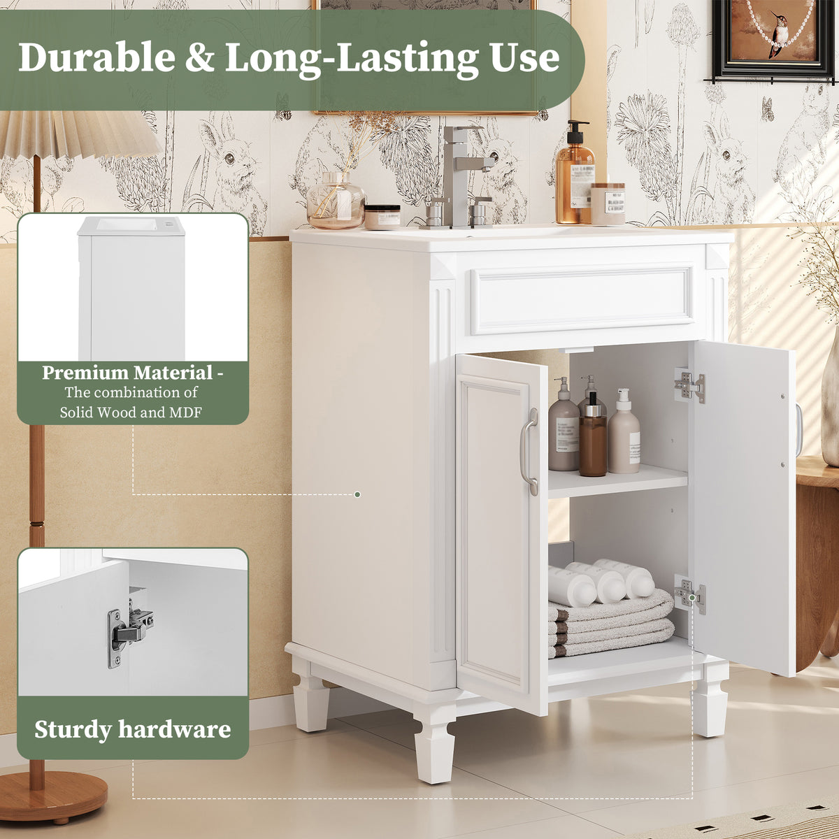 24" Bathroom Vanity with Sink, French Style Bathroom Vanity with Carved Legs & Drawer, Adjustable Shelf, Back Cutout for Plumbing, Soft Close Door,White