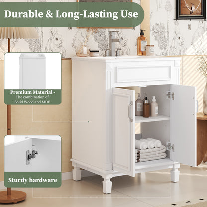 24" Bathroom Vanity with Sink, French Style Bathroom Vanity with Carved Legs & Drawer, Adjustable Shelf, Back Cutout for Plumbing, Soft Close Door,White