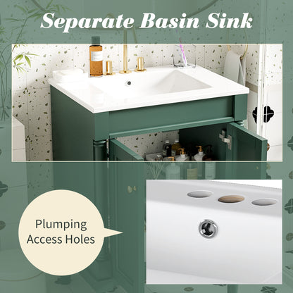 24" Bathroom Vanity with Sink, Modern Bathroom Vanity Cabinet with Enclosed Storage Door, 32mm Faucet Hole Ceramic Basin, Easy Assembly,Green