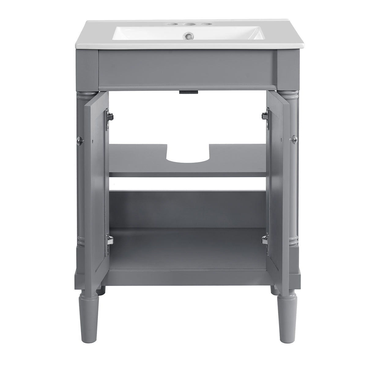 24" Bathroom Vanity with Sink, French Style Small Bathroom Vanity with Semi-Circular Column Design, Ceramic Sink with Overflow, Soft Close Door,Grey