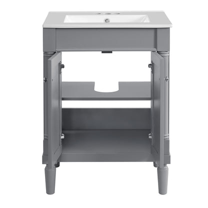 24" Bathroom Vanity with Sink, French Style Small Bathroom Vanity with Semi-Circular Column Design, Ceramic Sink with Overflow, Soft Close Door,Grey