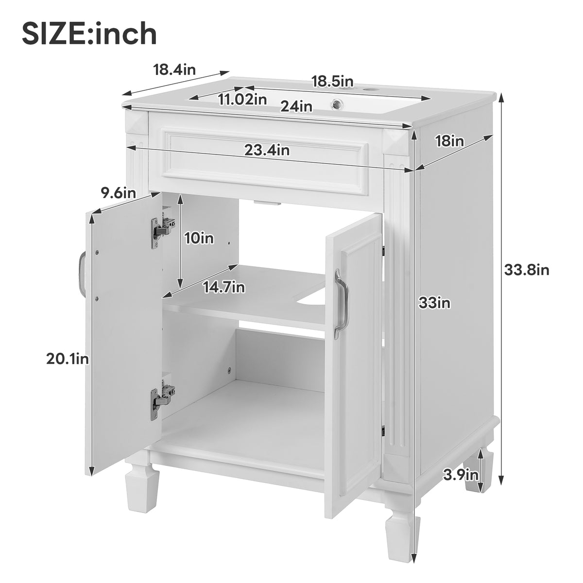 24" Bathroom Vanity with Sink, French Style Bathroom Vanity with Carved Legs & Drawer, Adjustable Shelf, Back Cutout for Plumbing, Soft Close Door,White