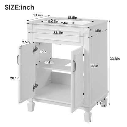 24" Bathroom Vanity with Sink, French Style Bathroom Vanity with Carved Legs & Drawer, Adjustable Shelf, Back Cutout for Plumbing, Soft Close Door,White