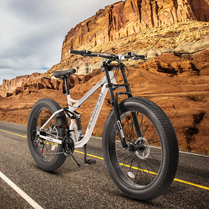 26x4 Inch Fat Tire Mountain Bike Shimano 21 Speed Dual Disc Brake Dual Suspension Trail Bike, Urban Commuter City Bicycle Adult or Youth Whitre