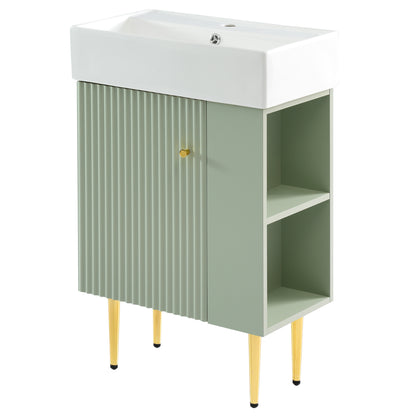 21.6" Bathroom Vanity with Sink, Slim Freestanding Bathroom Vanity Cabinet with Ceramic Sink & Overflow, Gold Metal Legs, Soft Close Door, for Small Bathroom,,Green