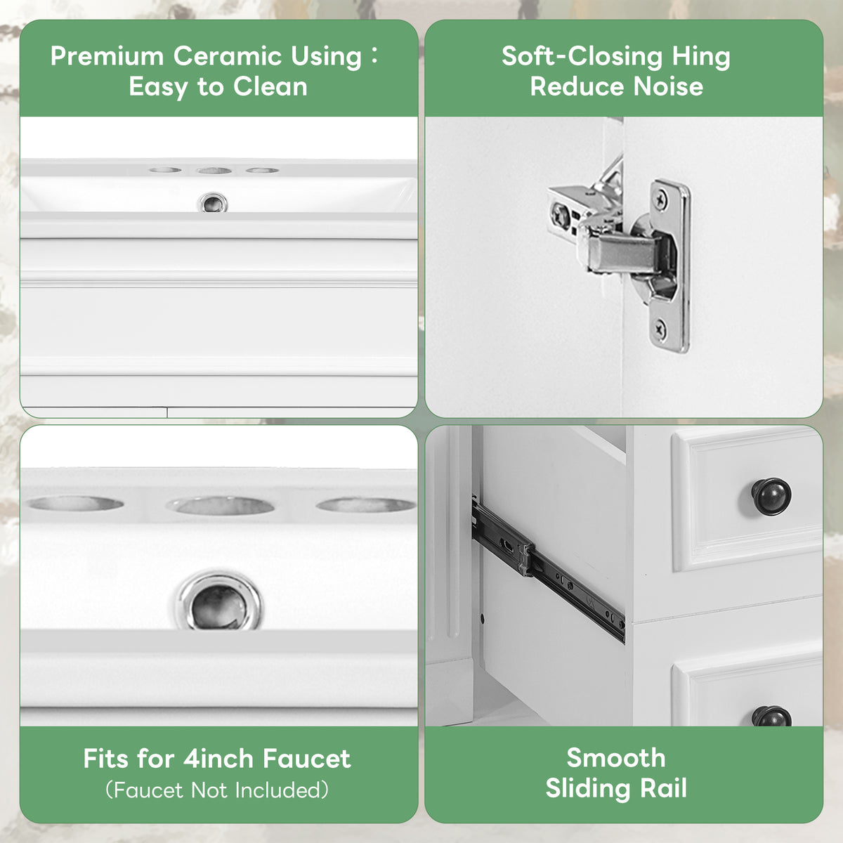 24" Bathroom Vanity with Sink, French Style Bathroom Vanity with 2 Deep Drawers & Adjustable Shelf, Ceramic Sink for 4-Inch Faucet, Soft Close Door,White