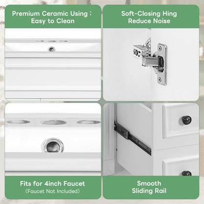 24" Bathroom Vanity with Sink, French Style Bathroom Vanity with 2 Deep Drawers & Adjustable Shelf, Ceramic Sink for 4-Inch Faucet, Soft Close Door,White