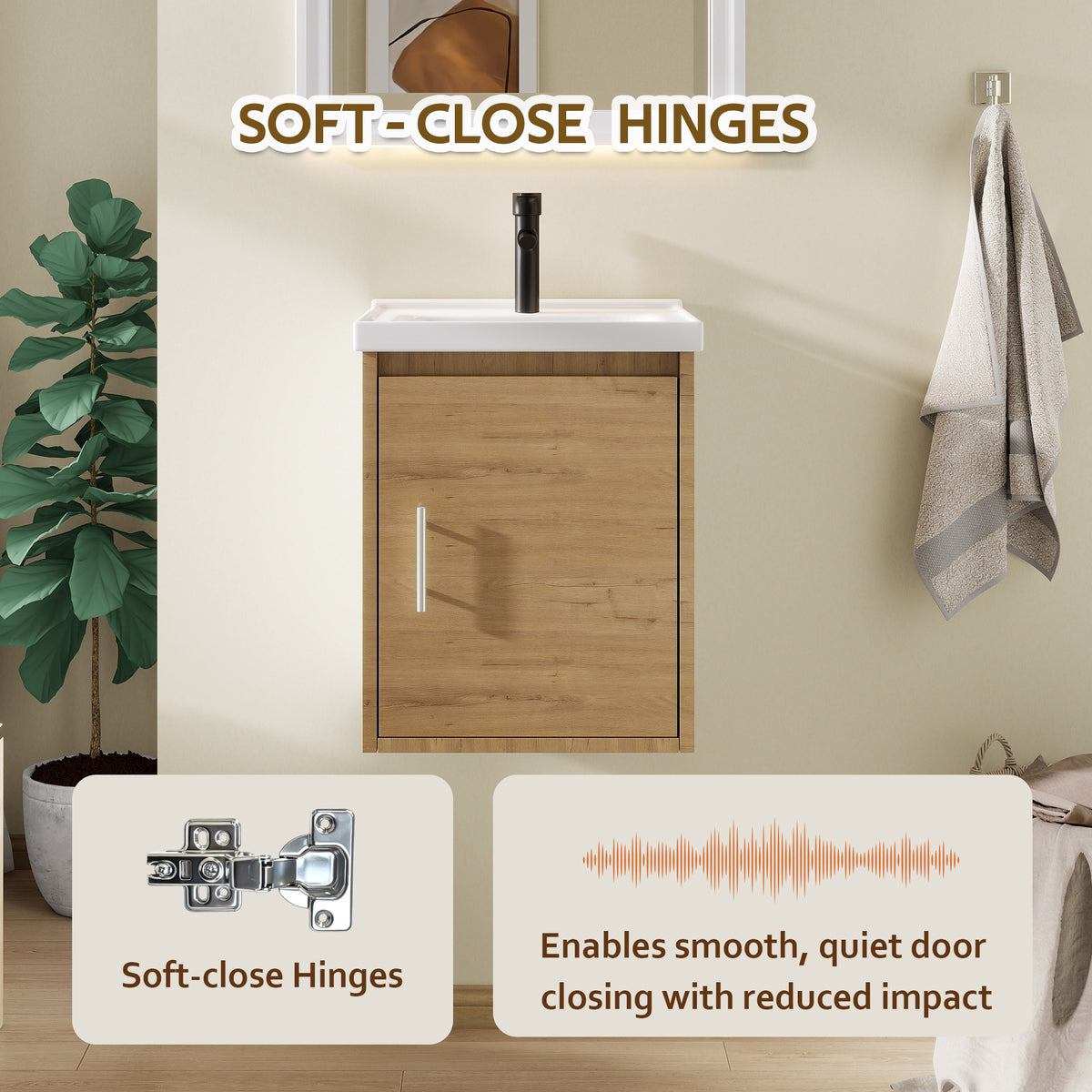 16" Floating Bathroom Vanity with Sink, Modern Wall Mounted Bathroom Vanity with Glossy White Ceramic Sink & Countertop, Soft Close Door, Plywood Storage Cabinet,Oak