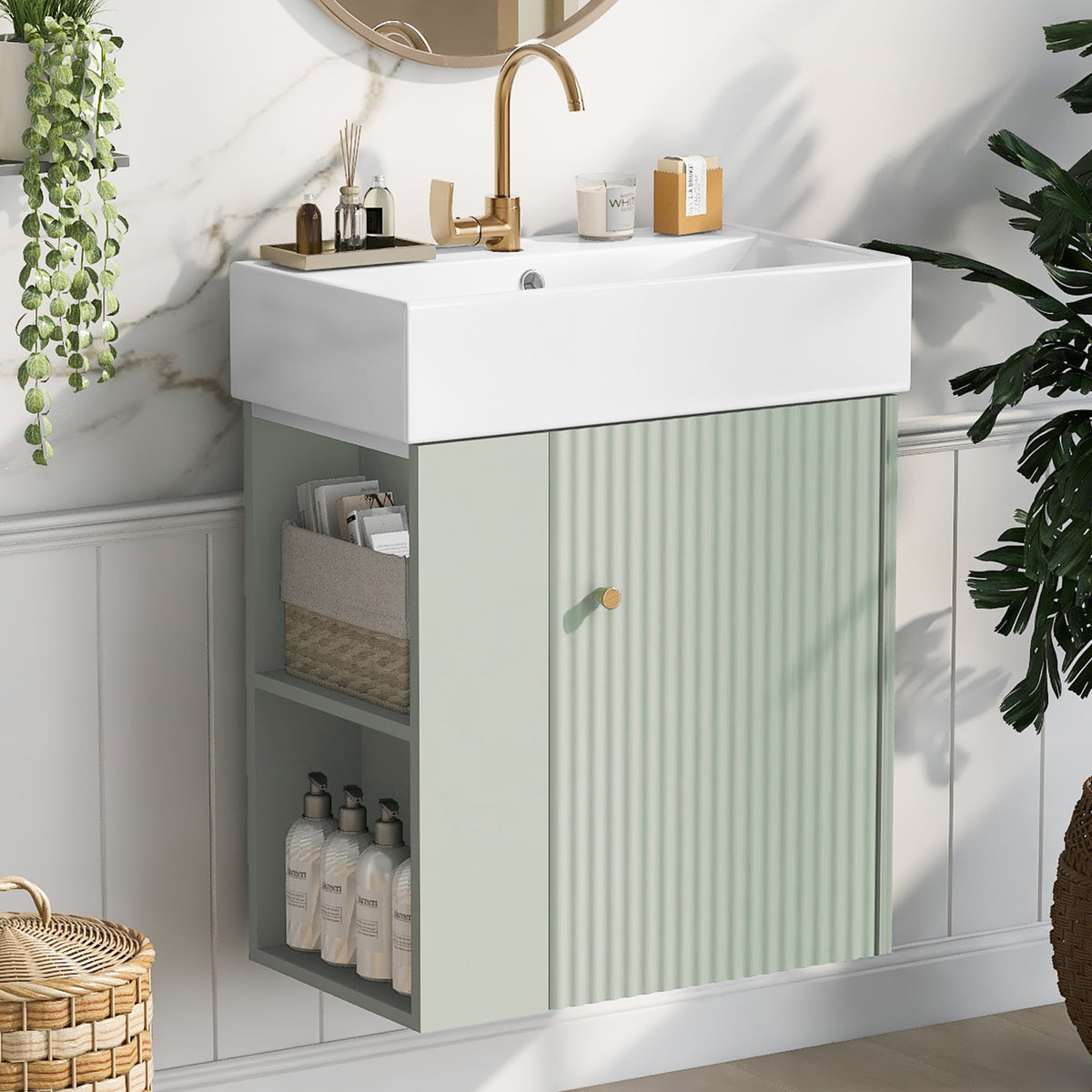 21.6" Floating Bathroom Vanity with Sink, Slim Wall Mounted Bathroom Vanity with Ceramic Basin & Overflow, Wave Pattern Door with Rose Gold Handle, Soft Close Door,Green