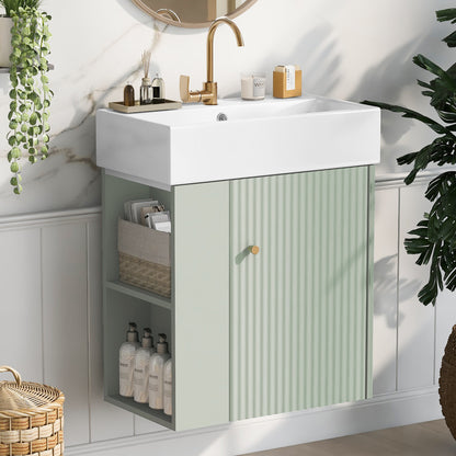 21.6" Floating Bathroom Vanity with Sink, Slim Wall Mounted Bathroom Vanity with Ceramic Basin & Overflow, Wave Pattern Door with Rose Gold Handle, Soft Close Door,Green