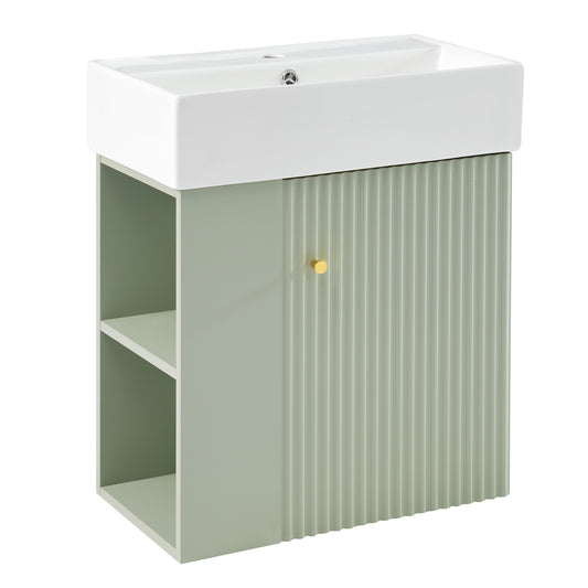 21.6" Floating Bathroom Vanity with Sink, Slim Wall Mounted Bathroom Vanity with Ceramic Basin & Overflow, Wave Pattern Door with Rose Gold Handle, Soft Close Door,Green