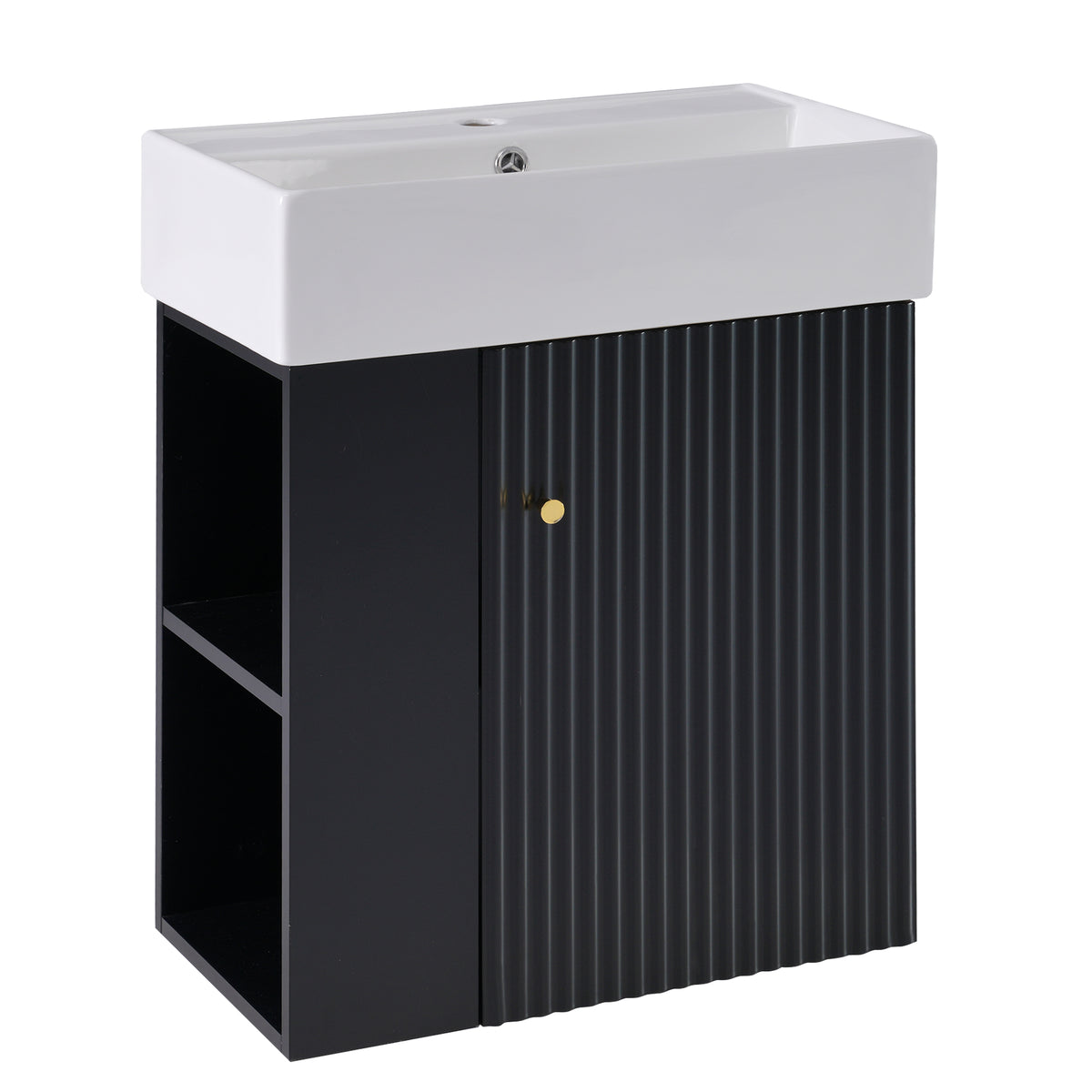 21.6" Floating Bathroom Vanity with Sink, Slim Wall Mounted Bathroom Vanity with Ceramic Basin & Overflow, Wave Pattern Door with Rose Gold Handle, Soft Close Door,Black