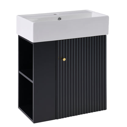 21.6" Floating Bathroom Vanity with Sink, Slim Wall Mounted Bathroom Vanity with Ceramic Basin & Overflow, Wave Pattern Door with Rose Gold Handle, Soft Close Door,Black