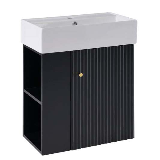 21.6" Floating Bathroom Vanity with Sink, Slim Wall Mounted Bathroom Vanity with Ceramic Basin & Overflow, Wave Pattern Door with Rose Gold Handle, Soft Close Door,Black