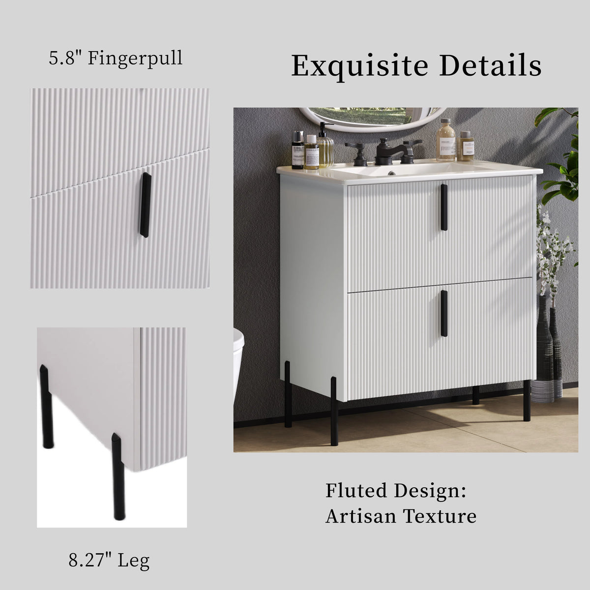30" Bathroom Vanity with Sink, Black Fluted Bathroom Vanity with Undermount Drawer Slides & White Ceramic Basin, Finger Pull Design, Full Extension Drawers,White