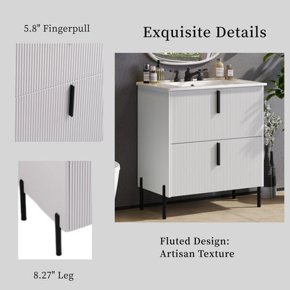 30" Bathroom Vanity with Sink, Black Fluted Bathroom Vanity with Undermount Drawer Slides & White Ceramic Basin, Finger Pull Design, Full Extension Drawers,White