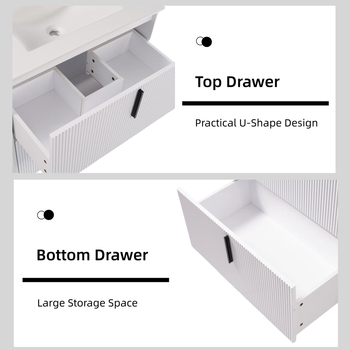 30" Bathroom Vanity with Sink, Black Fluted Bathroom Vanity with Undermount Drawer Slides & White Ceramic Basin, Finger Pull Design, Full Extension Drawers,White