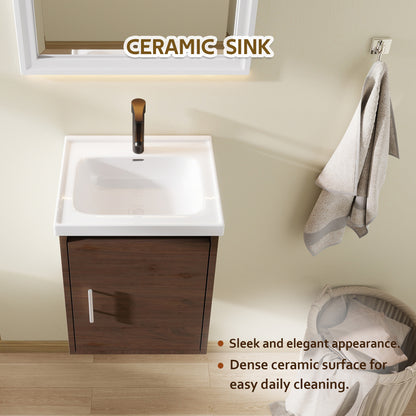 16" Floating Bathroom Vanity with Sink, Modern Wall Mounted Bathroom Vanity with Glossy White Ceramic Sink & Countertop, Soft Close Door, Plywood Storage Cabinet,Brown