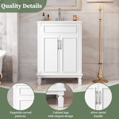 24" Bathroom Vanity with Sink, French Style Bathroom Vanity with Carved Legs & Drawer, Adjustable Shelf, Back Cutout for Plumbing, Soft Close Door,White