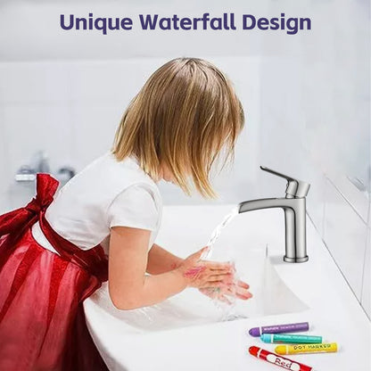 Bathroom Single Hole or Three Hole Waterfall Sink Faucet Brushed Nickel Single Handle with Deck Plate and Pop-up Drain W1224P225010