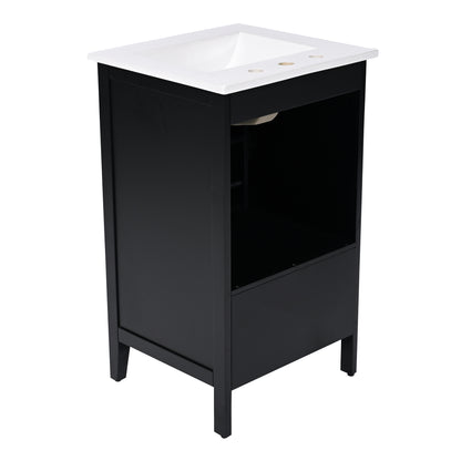20" Bathroom Vanity with Sink, Half-Moon Ceramic Sink Basin with 3-Hole Faucet Mount, Bathroom Storage Cabinet with Drawer & Door Rack, Retro Gold Handle, Black