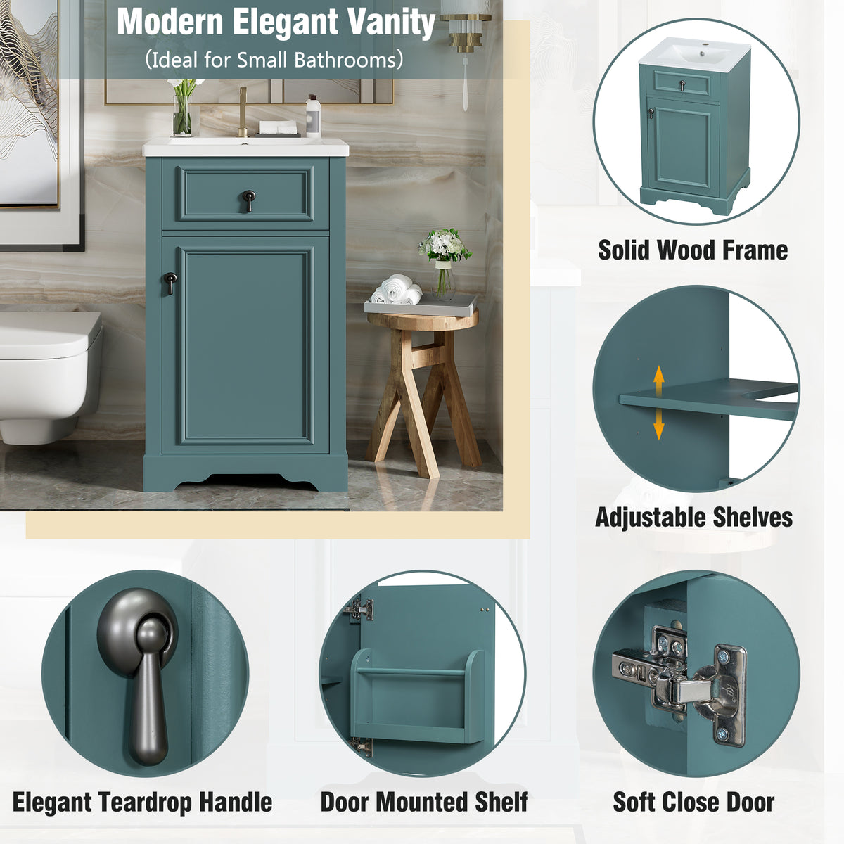 20" Bathroom Vanity with Sink, Classic Modern Bathroom Vanity Cabinet with U-Shaped Adjustable Shelf & Door Rack, Soft Close Door, Aluminum Handle,Green