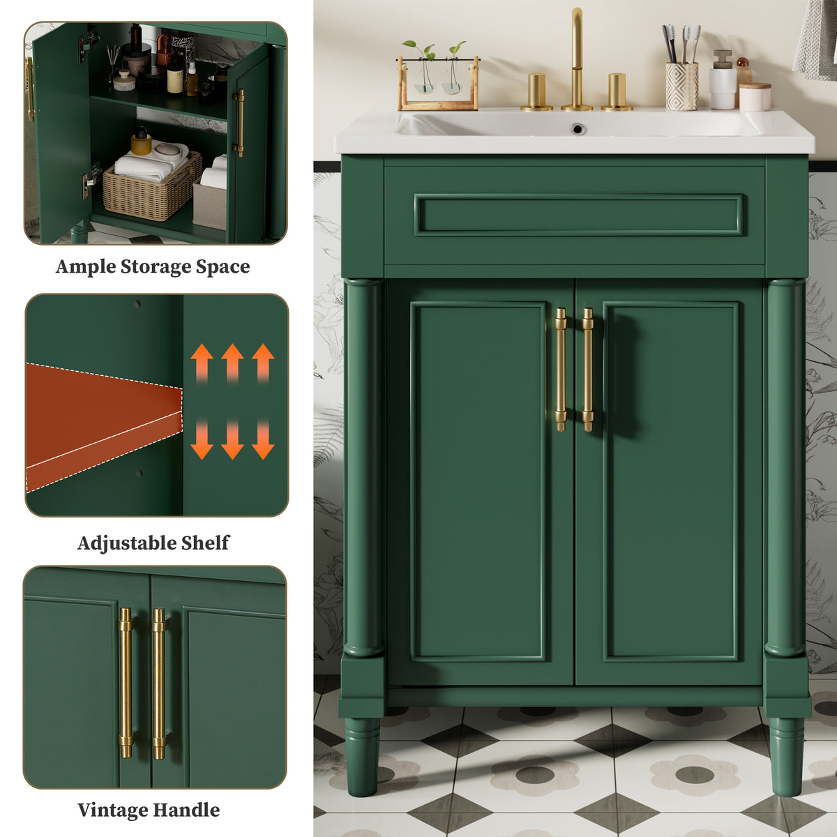 24" Bathroom Vanity with Sink, Modern Bathroom Vanity with Half-Moon Ceramic Sink for 4" Faucet, Adjustable Shelf & Painted Finish, for Small Bathroom,Green